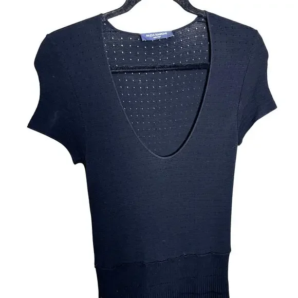 Piazza Sempione Black Short Sleeve Perforated Pleated Flare A Line Dress 42 US 6 - Picture 2 of 11